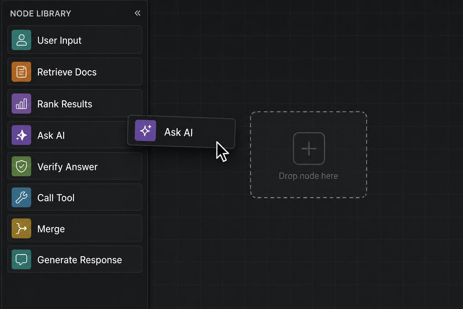 Cursor dragging a node from the library onto the canvas