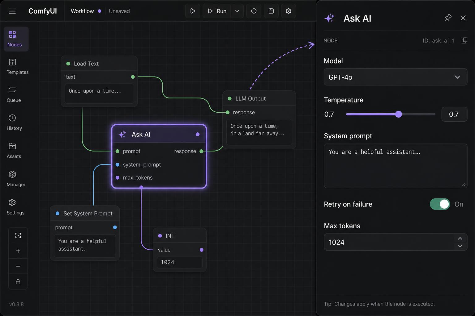 Inspector panel showing node configuration fields